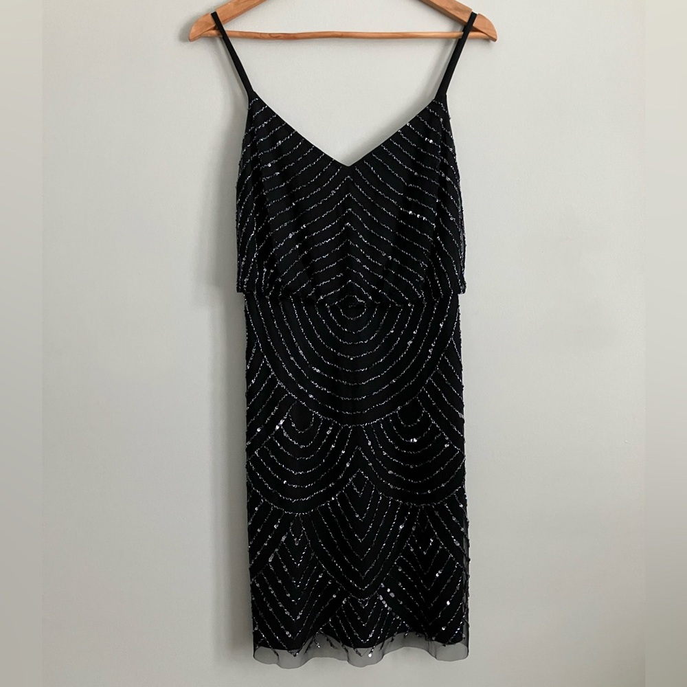 ADRIANNA PAPELL Black Beaded Special Occasion Cocktail Dress Size 8 (Like a 6)